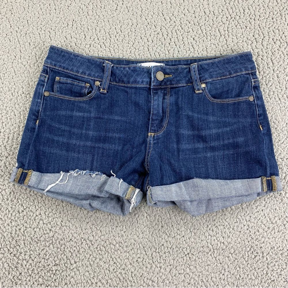 Paige Women's Blue Distressed Stretch Cuffed Shorts  | Size: 27